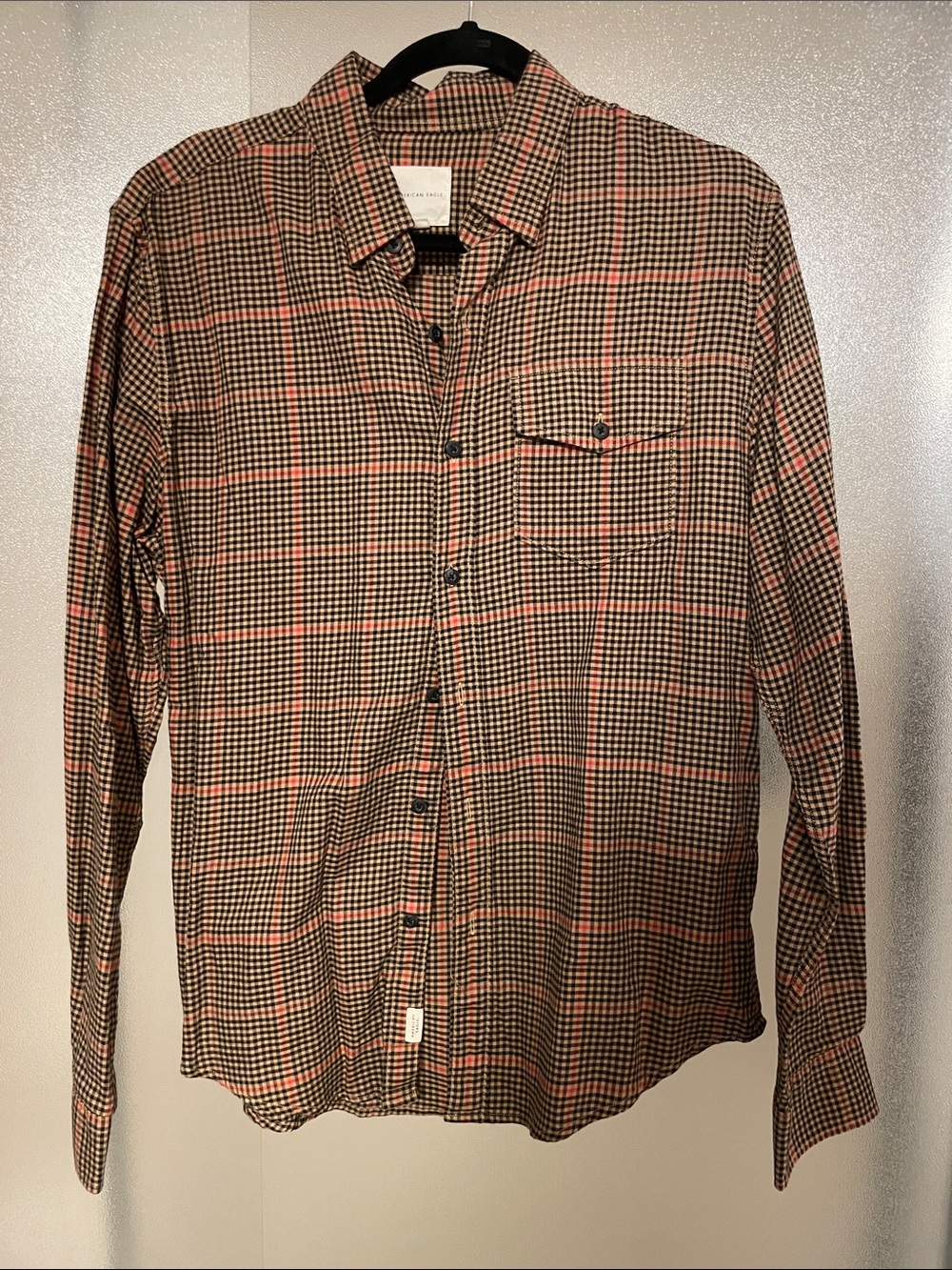 American Eagle Outfitters Men's Tan, Black & Pink Checked Button-Down Shirt